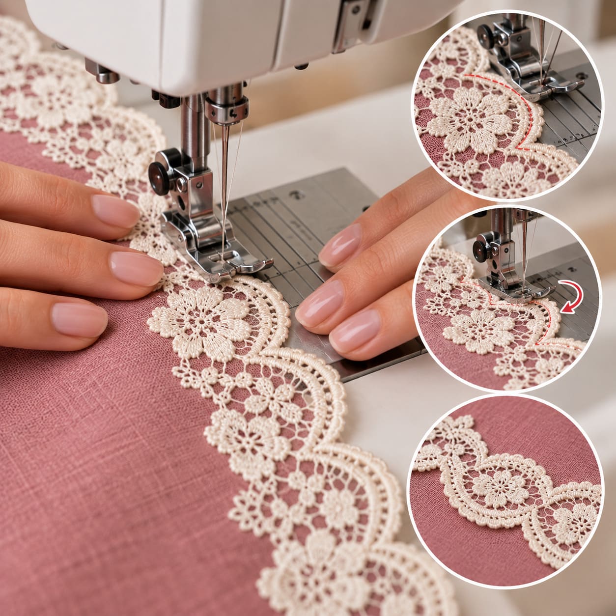 Close-up of lace trim being hand stitched onto pink fabric before sewing